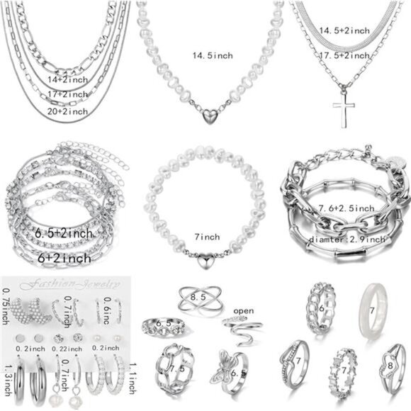 43 PCS Silver Jewelry Set for Women,Ball Dangle Hoop Earrings,Multi Layered - Picture 7 of 7